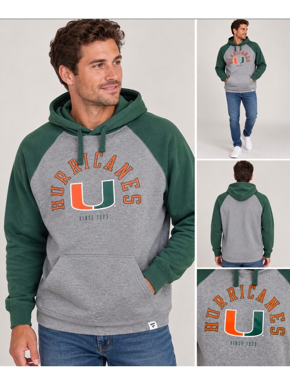 Miami Hurricanes Fanatics Men’s Large Gray Green Colorblock Pullover Hoodie NCAA